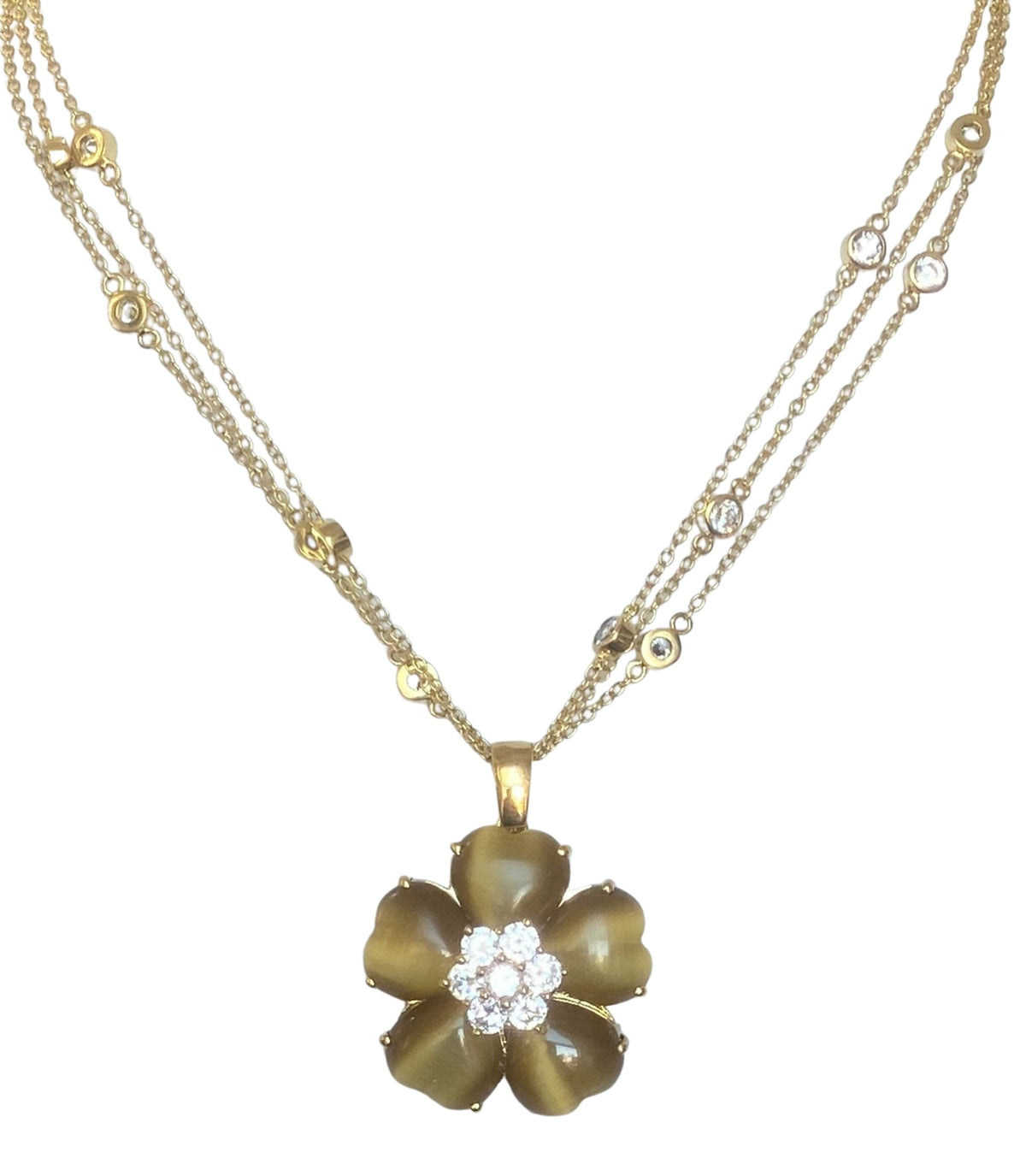 Cat's eye heart flower necklace with cubic zirconia by Zirconite, green color, 626P20011