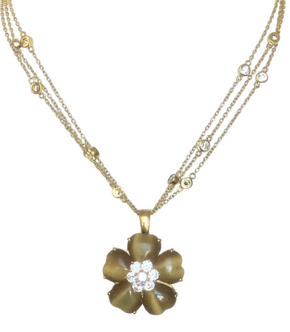Cat's eye heart flower necklace with cubic zirconia by Zirconite, green color, 626P20011