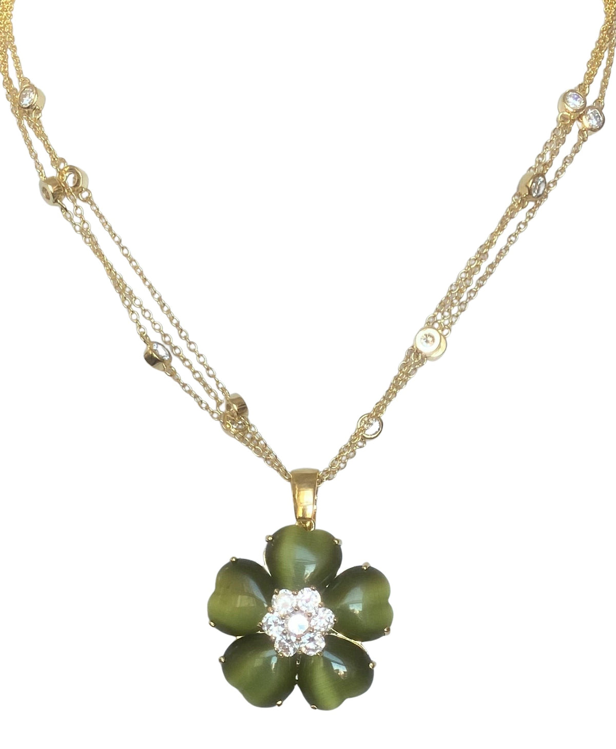 Cat's eye heart flower necklace with cubic zirconia by Zirconite, green color, 626P20011