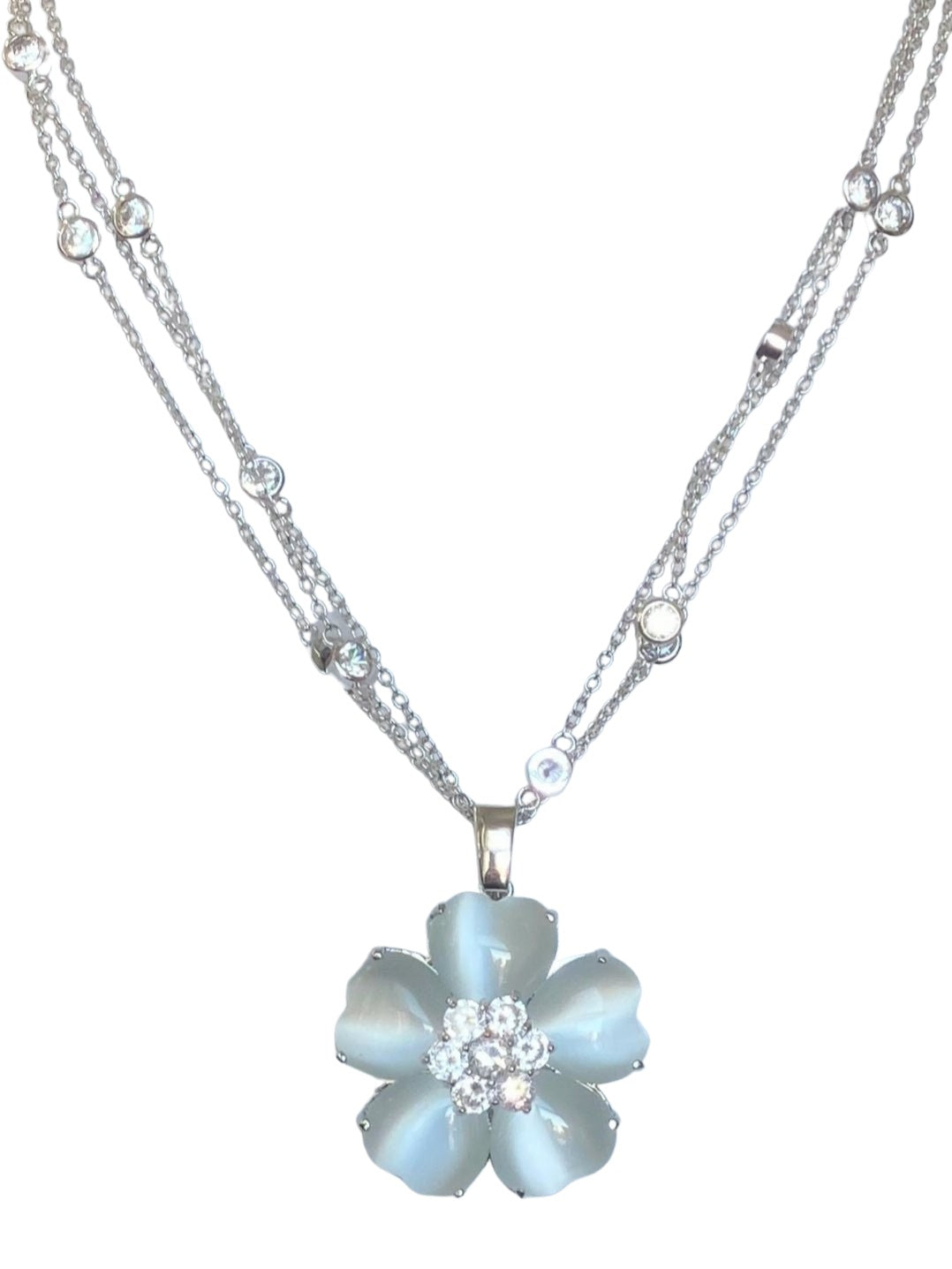 Cat's eye heart flower necklace with cubic zirconia by Zirconite, white color, 626P20011