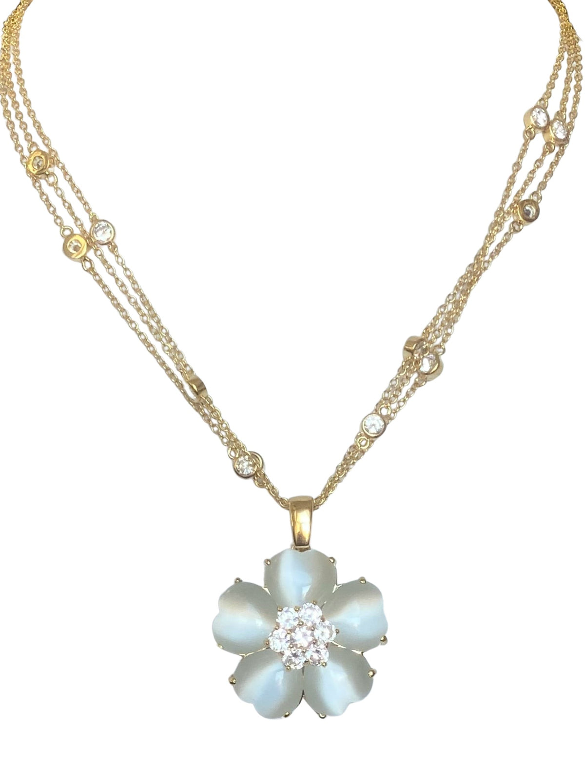 Cat's eye heart flower necklace with cubic zirconia by Zirconite, white color, 626P20011
