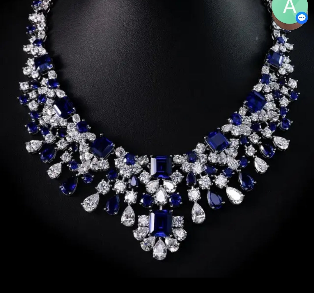 Couture cubic zirconia statement necklace by Zirconite, blue stone worn on model, 842N100