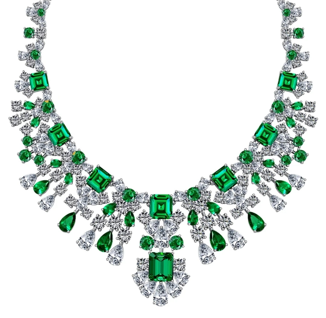 Couture cubic zirconia statement necklace by Zirconite, emerald green stone worn on model, 842N100