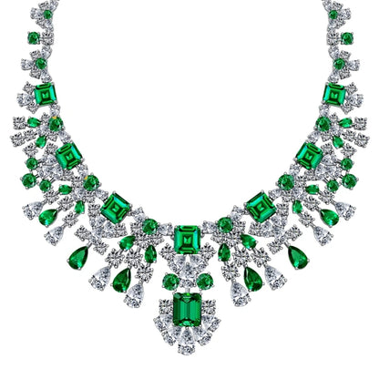 Couture cubic zirconia statement necklace by Zirconite, emerald green stone worn on model, 842N100