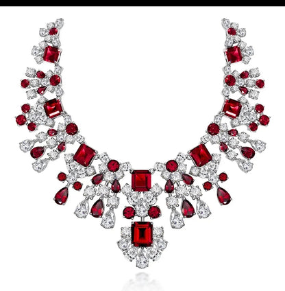 Couture cubic zirconia statement necklace by Zirconite, emerald green stone worn on model, 842N100