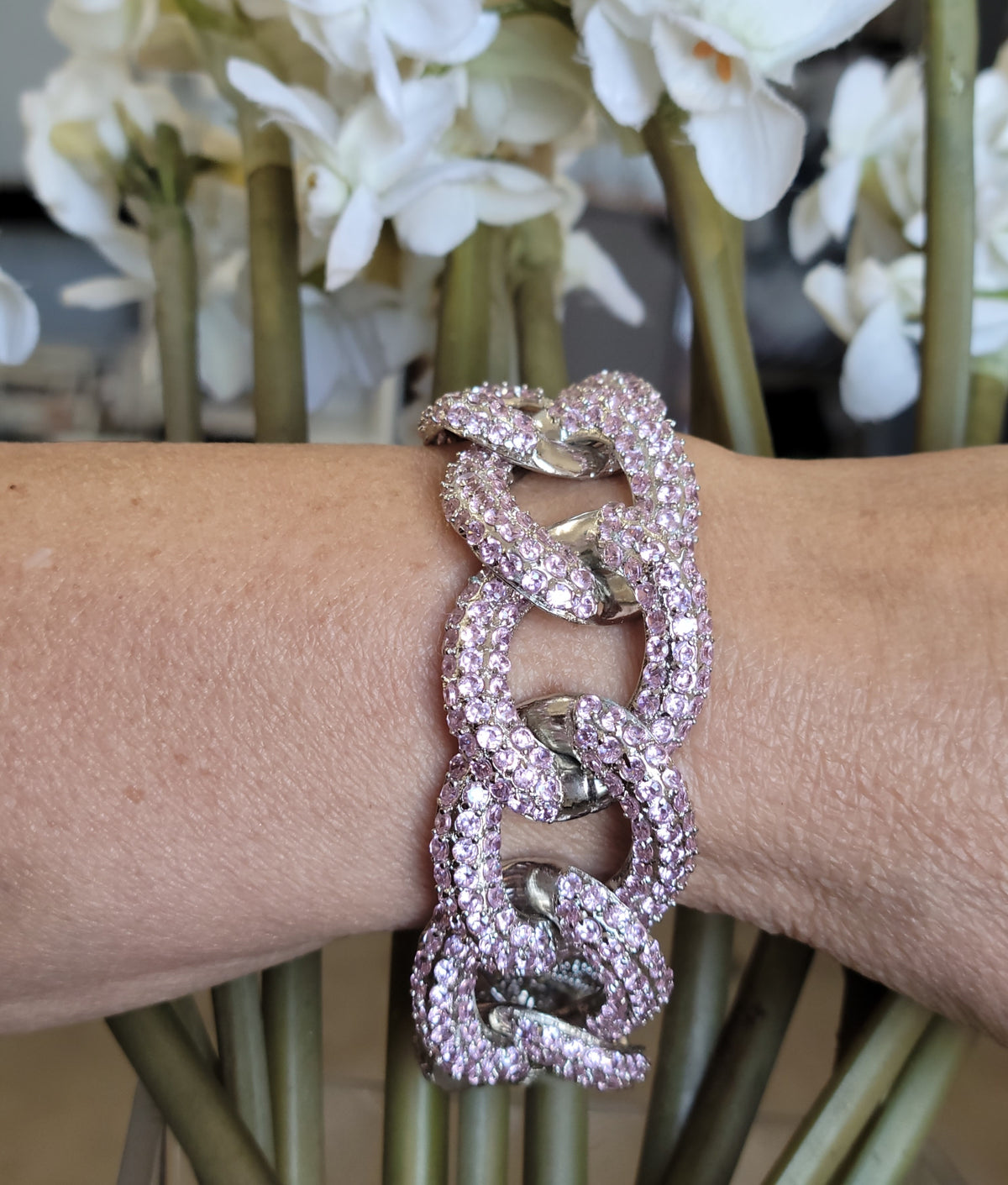 Curved link cubic zirconia couture bracelet by Zirconite, pink stone, 582B1338