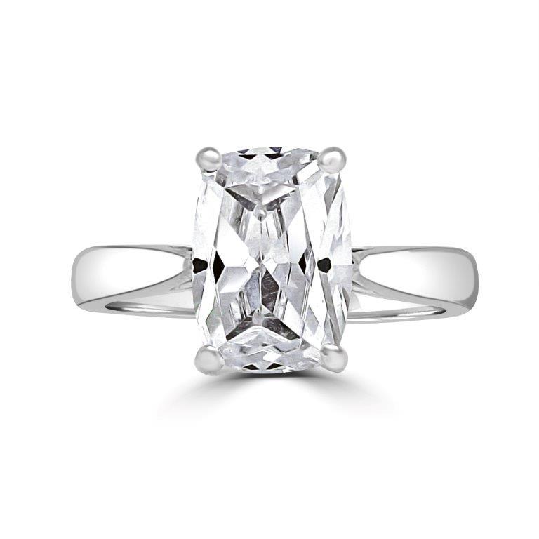The DiamondVeneer Fashion Cushion Diamond Veneer Cubic Zirconia 14K Gold Ring (635R004K) features a large, rectangular cushion-cut CZ set in four prongs on a polished white gold band.