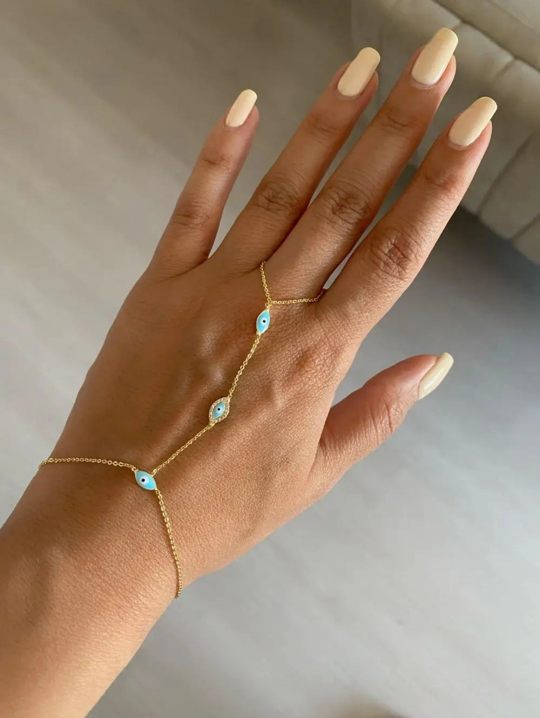 Cubic zirconia hand harness bracelet with ring by Zirconite, worn on model, 827B