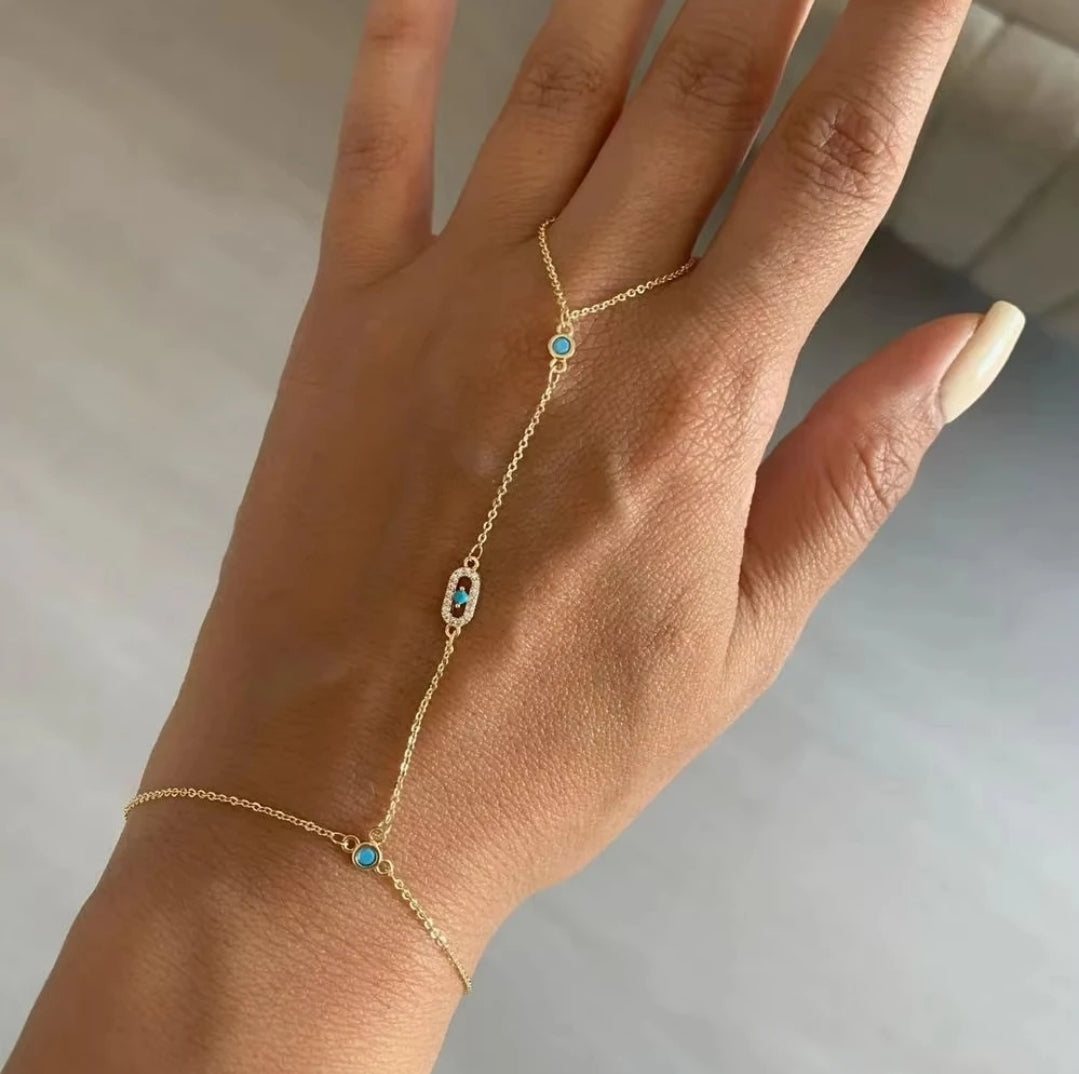 Cubic zirconia hand harness bracelet with ring by Zirconite, worn on model, 827B
