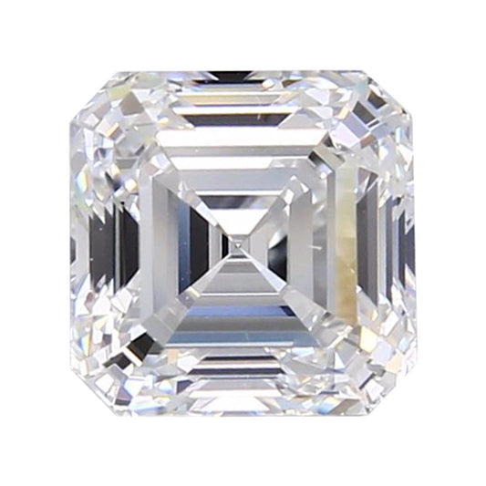 A close-up of the DiamondVeneer Fashion Asscher Cut Diamond Veneer Cubic Zirconia Loose Stone highlights its square shape, beveled corners, and step-cut facets reflecting geometric patterns against a white background.