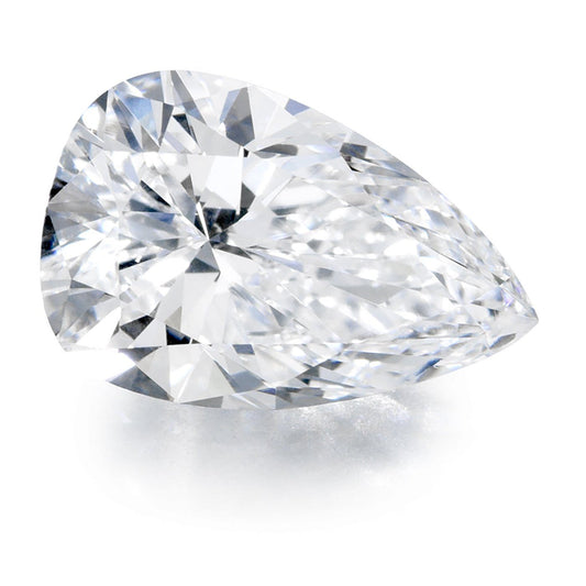 A sparkling Pear shape Diamond Veneer Cubic Zirconia Loose Stone by DiamondVeneer Fashion, with faceted cuts and clarity, rests on a white surface, reflecting light beautifully.