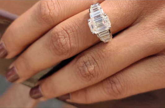 Emerald-cut cubic zirconia ring, worn on model, 635R14026