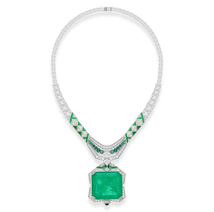 Luxury emerald green Art Deco-inspired necklace by Zirconite, main view, 840N113
