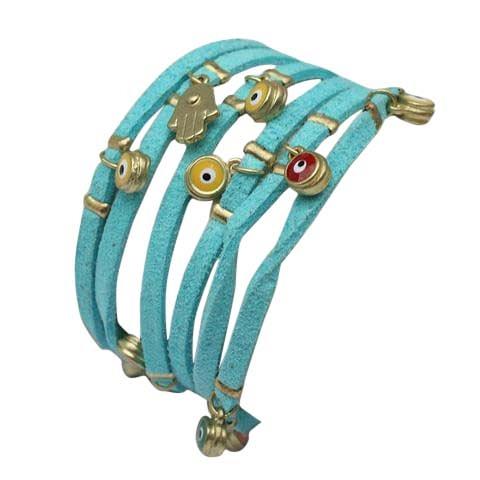 The DiamondVeneer Fashion Zirconite Evil Eyes Stations suede leather wrap bracelet (652B0550) features turquoise suede strands, gold Hamsa hand charms, and vibrant Evil Eye beads for stylish protection.