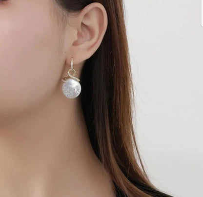 Genuine Fresh water Pearl Coin Zirconite Earrings. 810E12