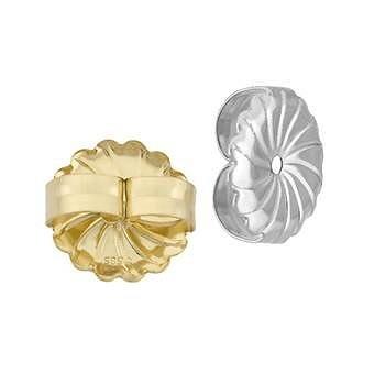 Two Giant friction Ear-nut Backings by DiamondVeneer Fashion are displayed in gold and silver, featuring detailed grooves and a central hole. These earnuts securely hold post earrings, ensuring a comfortable, reliable fit. Final sale.