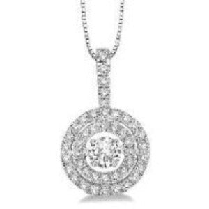 The DiamondVeneer Fashion Dancing Diamond Veneer Cubic Zirconia Pendant (635P07) is a sterling silver necklace with a circular pendant featuring a central cubic zirconia surrounded by two rows of sparkling stones.
