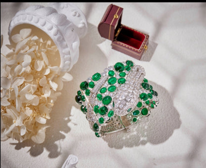 Luxurious jeweled cabochon bangle by Zirconite, emerald green stone, 840B300