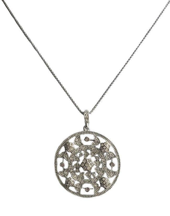 Oversized Round w/Flower motifs Zirconite Cubic Zirconia Medallion Sterling Silver Pendant. STP 143