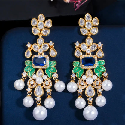 Whimsical pearl droplet chandelier earrings by Zirconite, alternate view, 826E0375