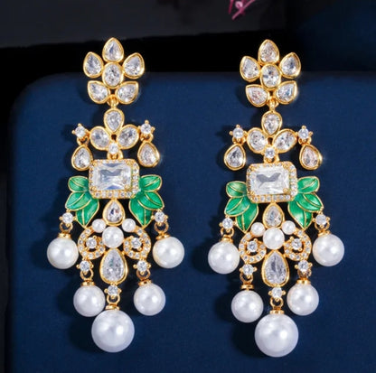 Whimsical pearl droplet chandelier earrings by Zirconite, alternate view, 826E0375