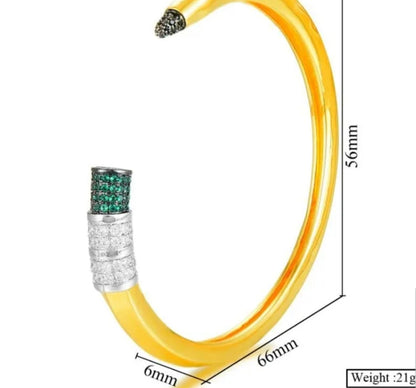 Pencil cuff bangle bracelet with cubic zirconia by Zirconite, emerald green stone, 843B100