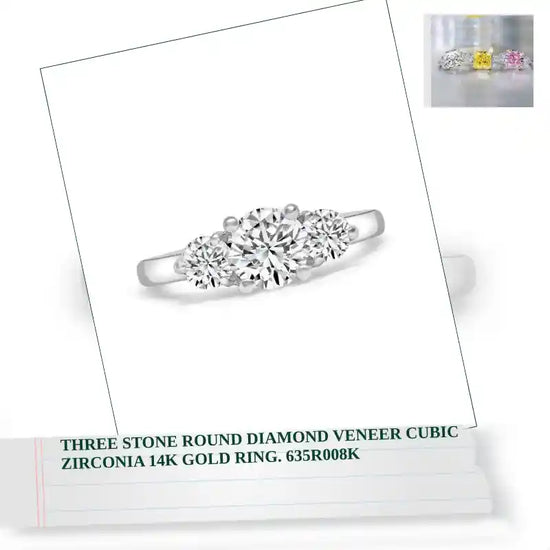 Three stone Round Diamond Veneer Cubic Zirconia 14K Gold Ring. 635R008K by@Outfy