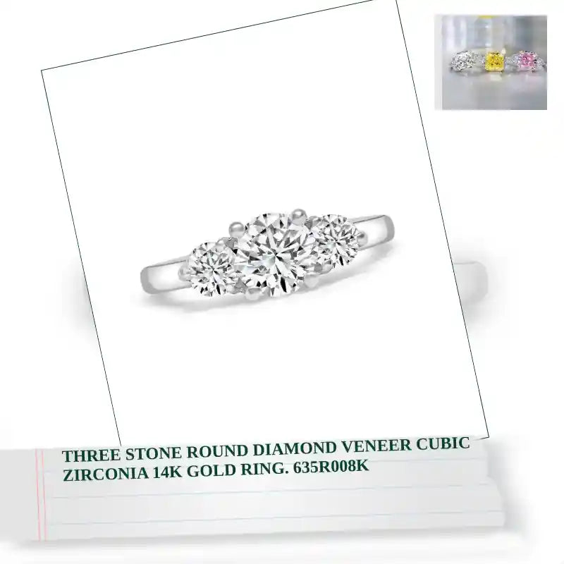 Three stone Round Diamond Veneer Cubic Zirconia 14K Gold Ring. 635R008K by@Outfy