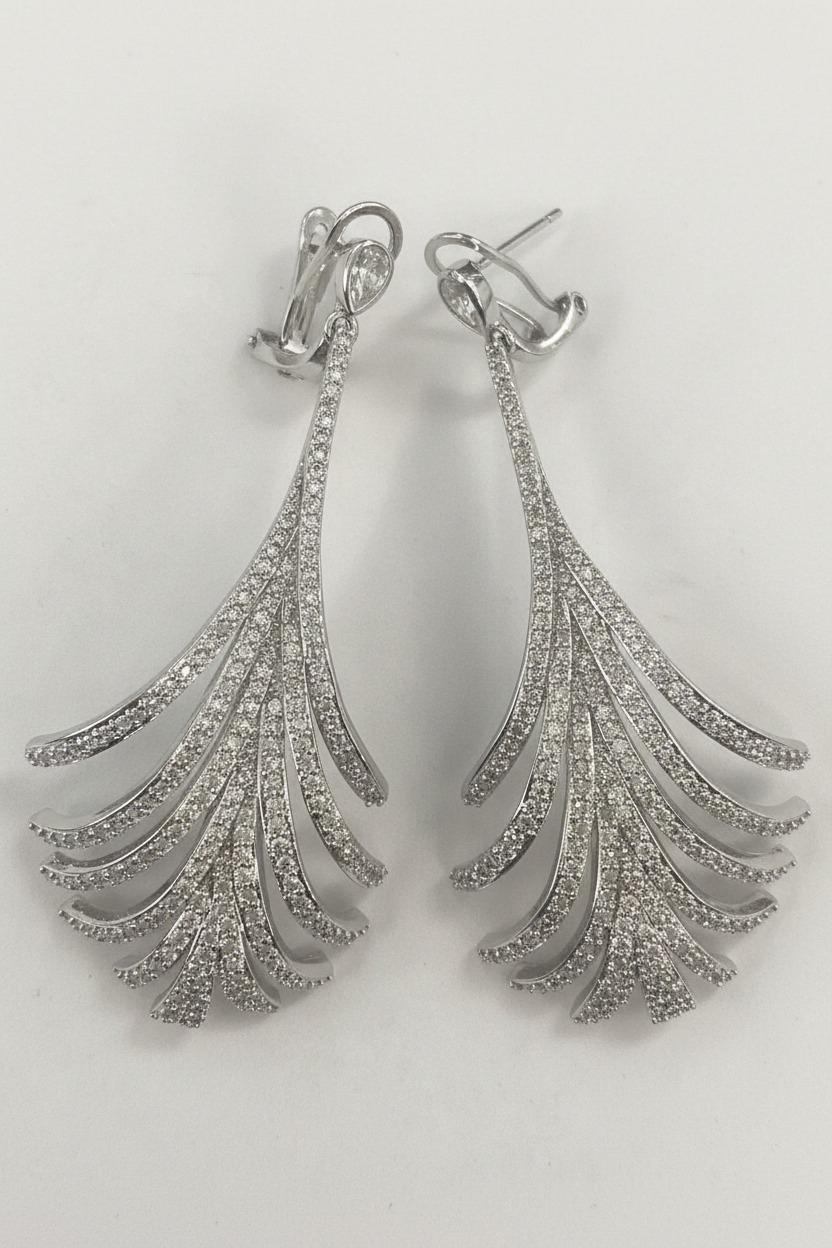 Zirconmania cascading fan chandeliers earrings in platinum finish with Zirconite cubic zirconia pave stones
