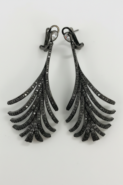 Zirconmania cascading fan chandeliers earrings in black rhodium finish with Zirconite cubic zirconia pave stones