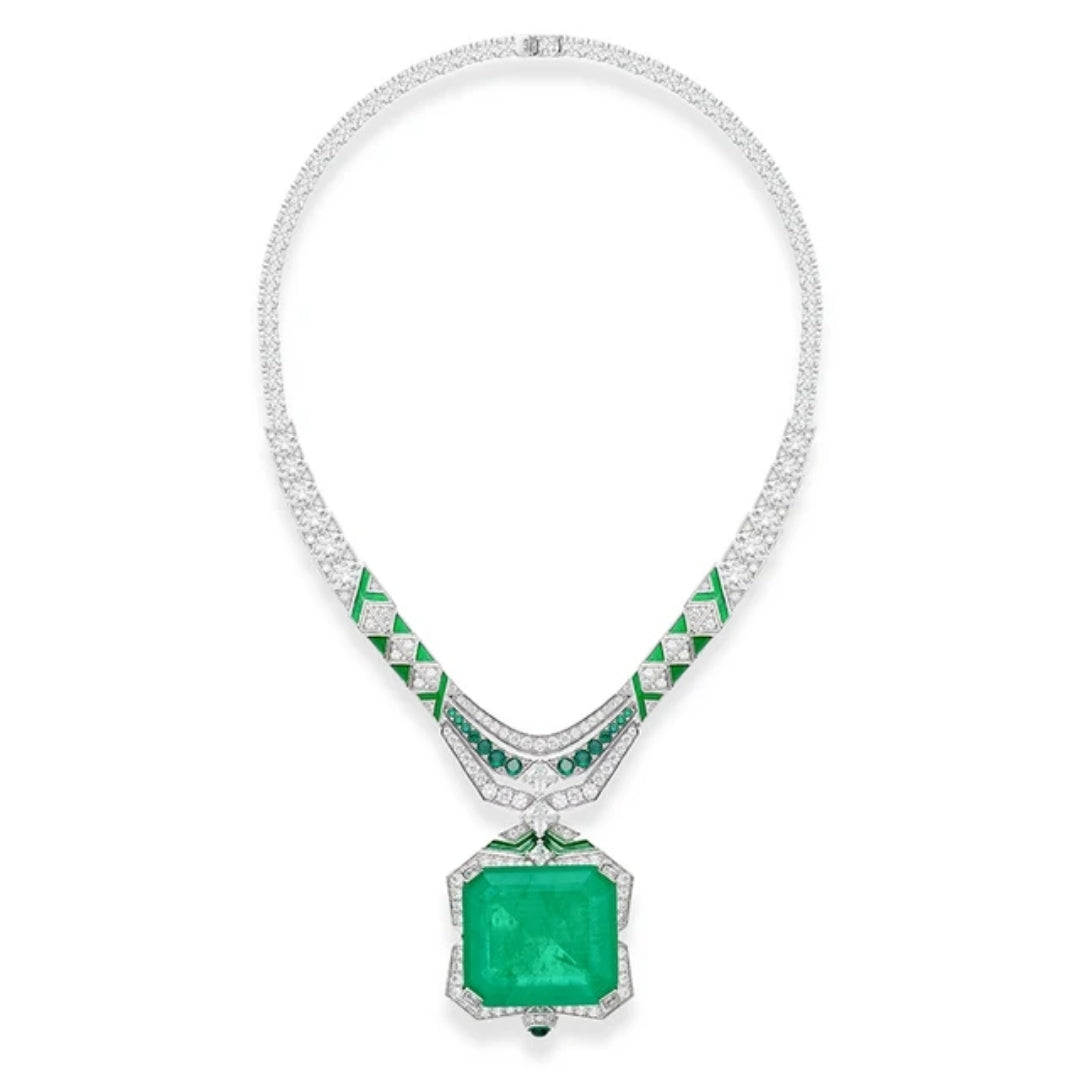 Emerald green zirconite necklace with square pendant and sparkling accents—bold, luxury jewelry statement piece.