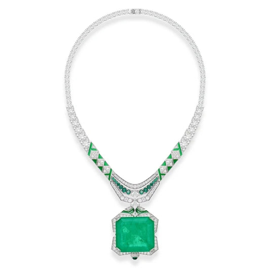 Emerald green zirconite necklace with square pendant and sparkling accents—bold, luxury jewelry statement piece.