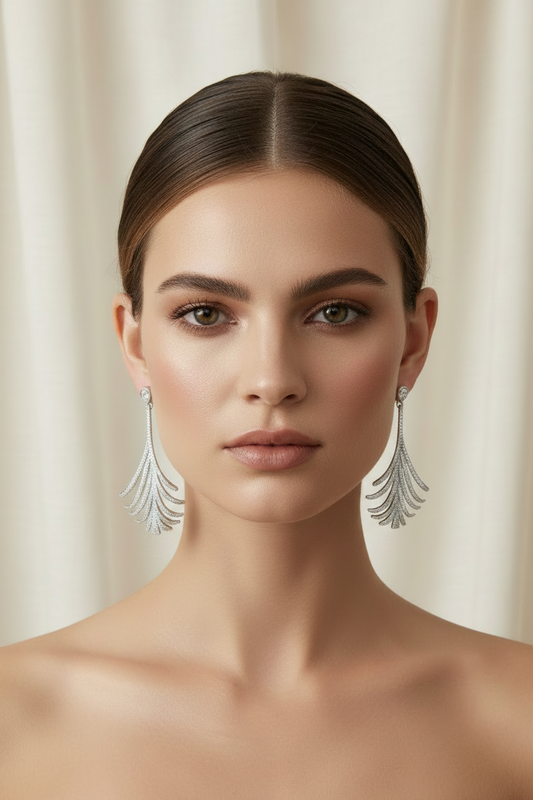 Model wearing Zirconmania cascading fan chandeliers earrings with Zirconite cubic zirconia stones