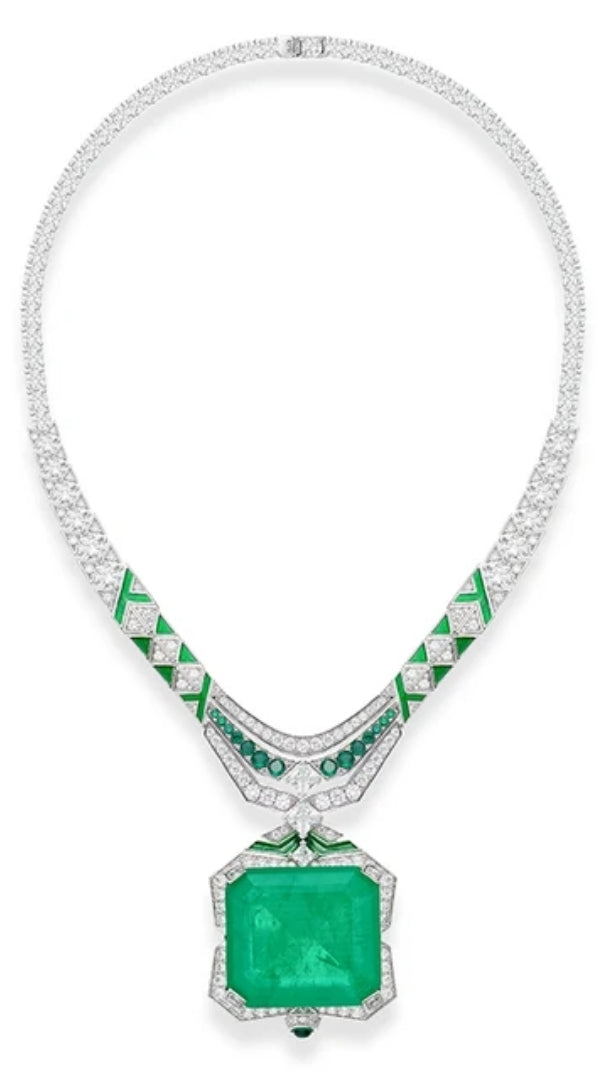 Emerald green zirconite necklace with square pendant and sparkling accents—bold, luxury jewelry statement piece.