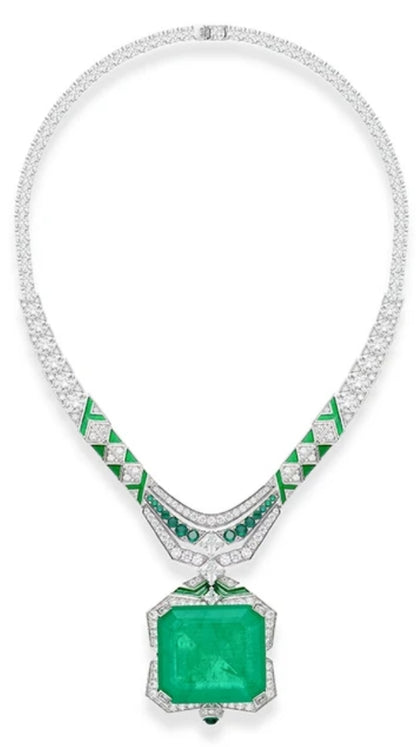 Emerald green zirconite necklace with square pendant and sparkling accents—bold, luxury jewelry statement piece.