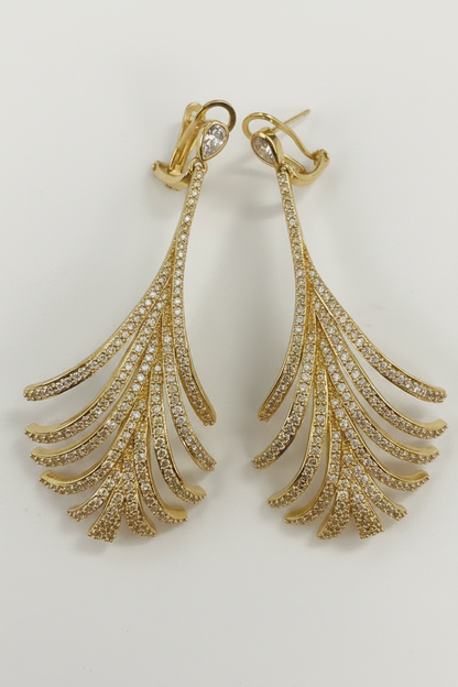 Zirconmania cascading fan chandeliers earrings in gold finish with Zirconite cubic zirconia pave stones