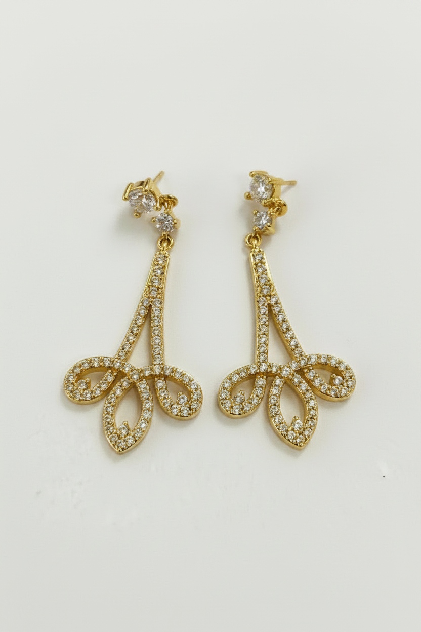 Zirconmania chandeliers drop earrings in gold finish with Zirconite cubic zirconia pave stones