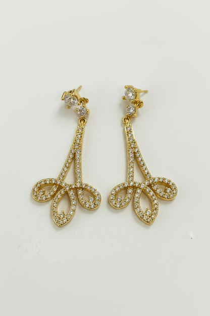 Zirconmania chandeliers drop earrings in gold finish with Zirconite cubic zirconia pave stones
