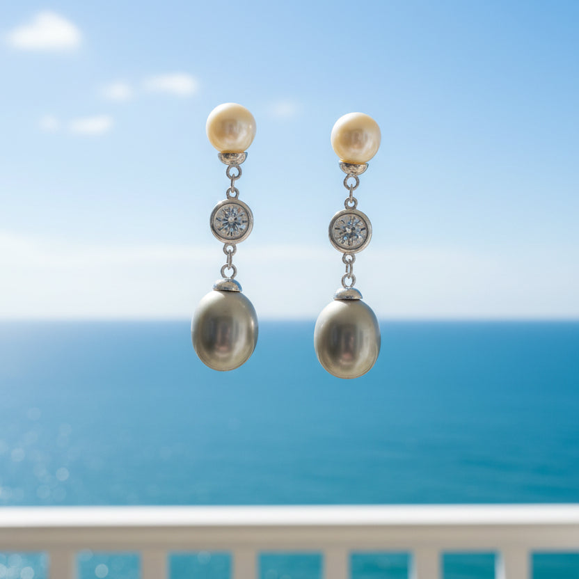 Vertical CZ Sterling Silver gray Pearl Drop Earrings | Zirconite