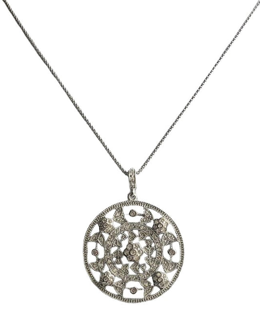 Oversized round flower motif cubic zirconia medallion pendant in sterling silver, main view, STP143