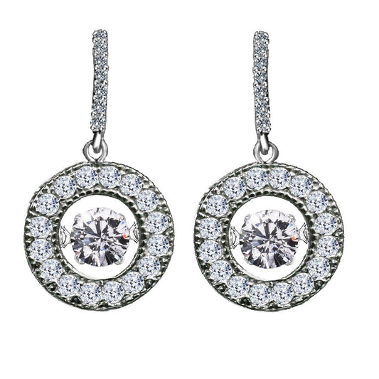 DiamondVeneer Fashions Dancing Diamond Veneer Cubic Zirconia Earrings (635E217) are silver drop earrings with a circular design, featuring a large central clear stone encircled by smaller clear gemstones.