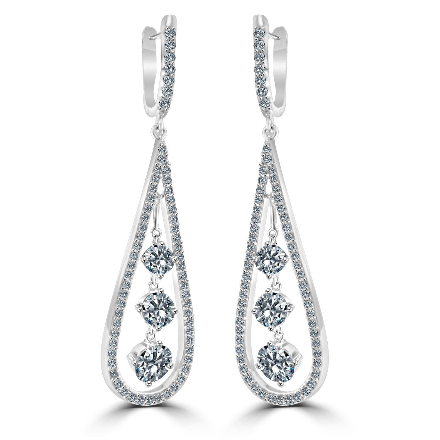 DiamondVeneer Fashions Diamond Veneer Cubic Zirconia Chandelier Earrings (635E303) feature elegant sterling silver teardrop open frames adorned with sparkling cubic zirconia and three dangling round stones in each earring.