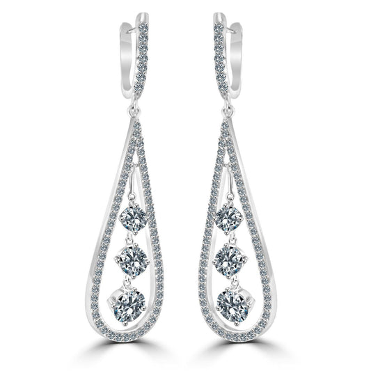 DiamondVeneer Fashions Diamond Veneer Cubic Zirconia Chandelier Earrings (635E303) feature elegant sterling silver teardrop open frames adorned with sparkling cubic zirconia and three dangling round stones in each earring.