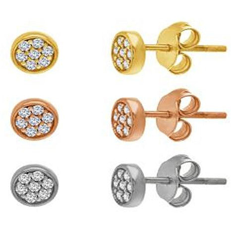 The DiamondVeneer Fashion Zirconite Cubic Zirconia Sterling Silver Minimalist Earrings Set (705E4202091MLT) includes three pairs in gold, rose gold, and silver tones, each with circular clusters of sparkling cubic zirconia stones.