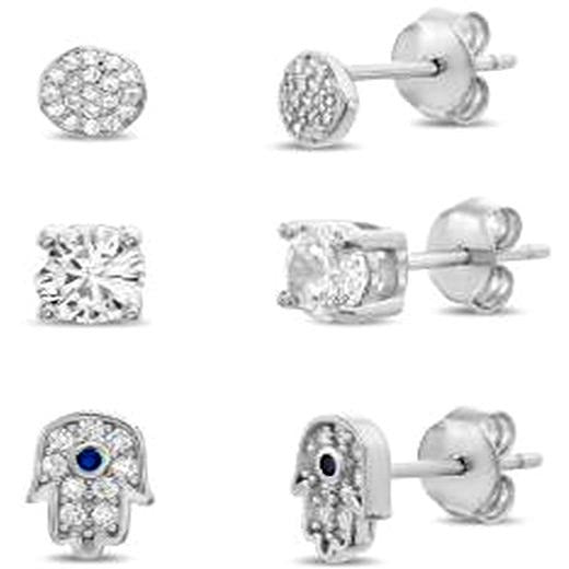 The DiamondVeneer Fashion Zirconite Cubic Zirconia Sterling Silver Minimalist Earrings Set (705E594365R) includes three pairs: round pavé studs, round zirconia studs, and Hamsa hand-shaped studs with a blue center, shown from the front and side.