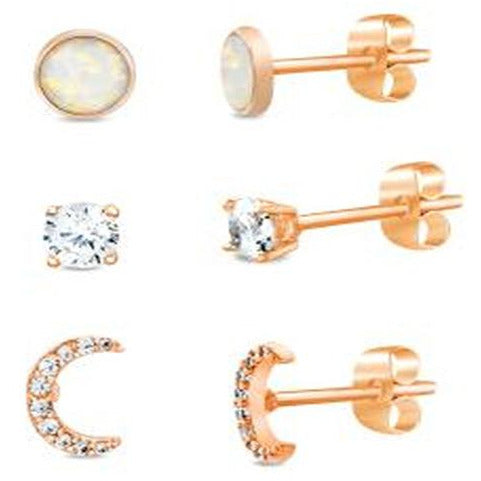 DiamondVeneer Fashion’s Zirconite Cubic zirconia Sterling Silver Minimalist Earrings Set (705E520492RG) features three pairs: round opal, CZ studs, and crescent-shaped styles in gold-tone with butterfly backs.