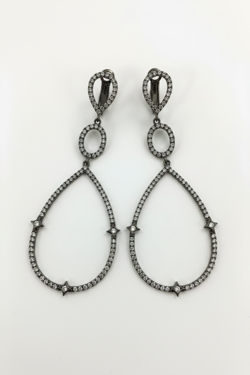 Black Rhodium open teardrop chandelier earrings with Zirconite cubic zirconia stones - Zirconmania