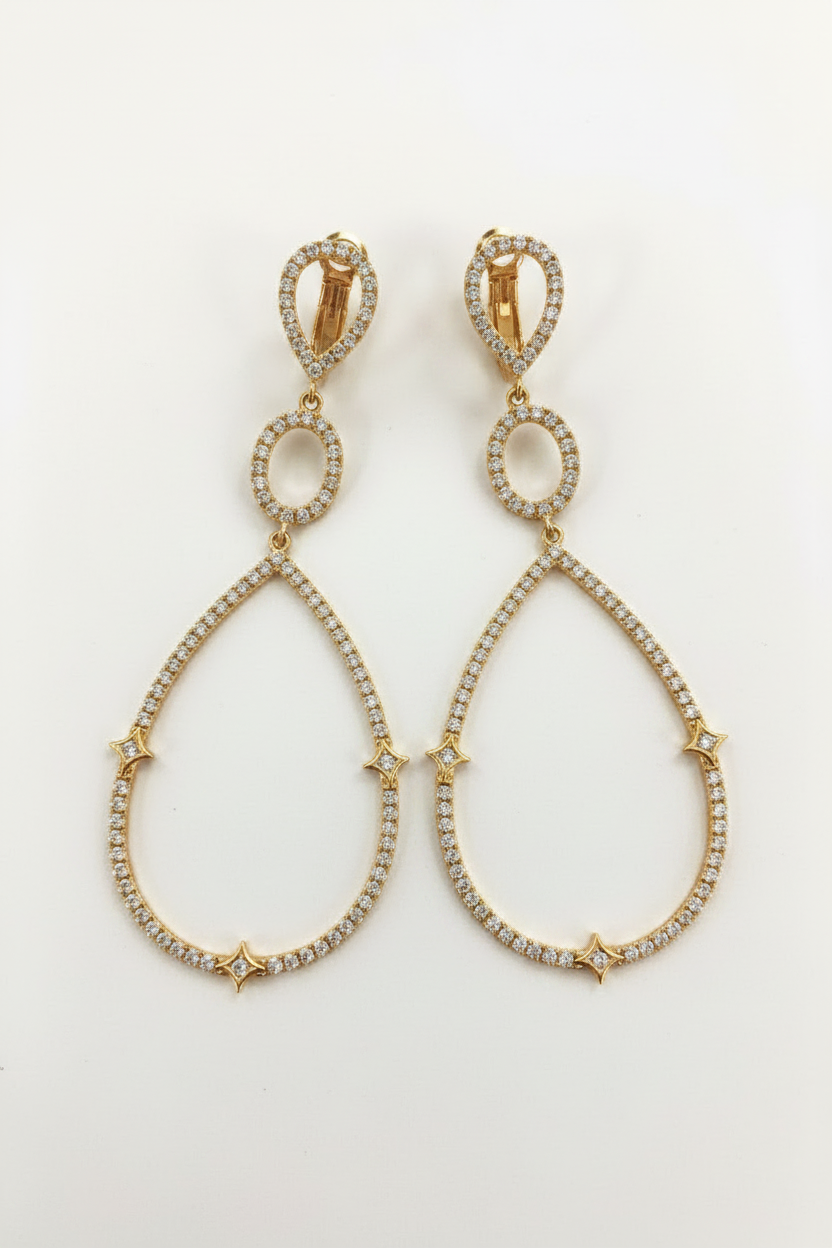 Gold-tone open teardrop chandelier earrings with Zirconite cubic zirconia stones - Zirconmania