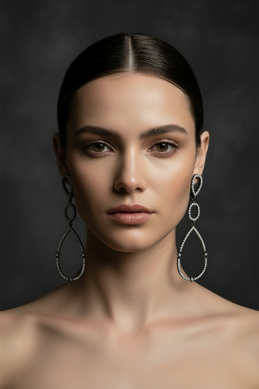 Model wearing teardrop chandelier earrings with Zirconite cubic zirconia - Zirconmania