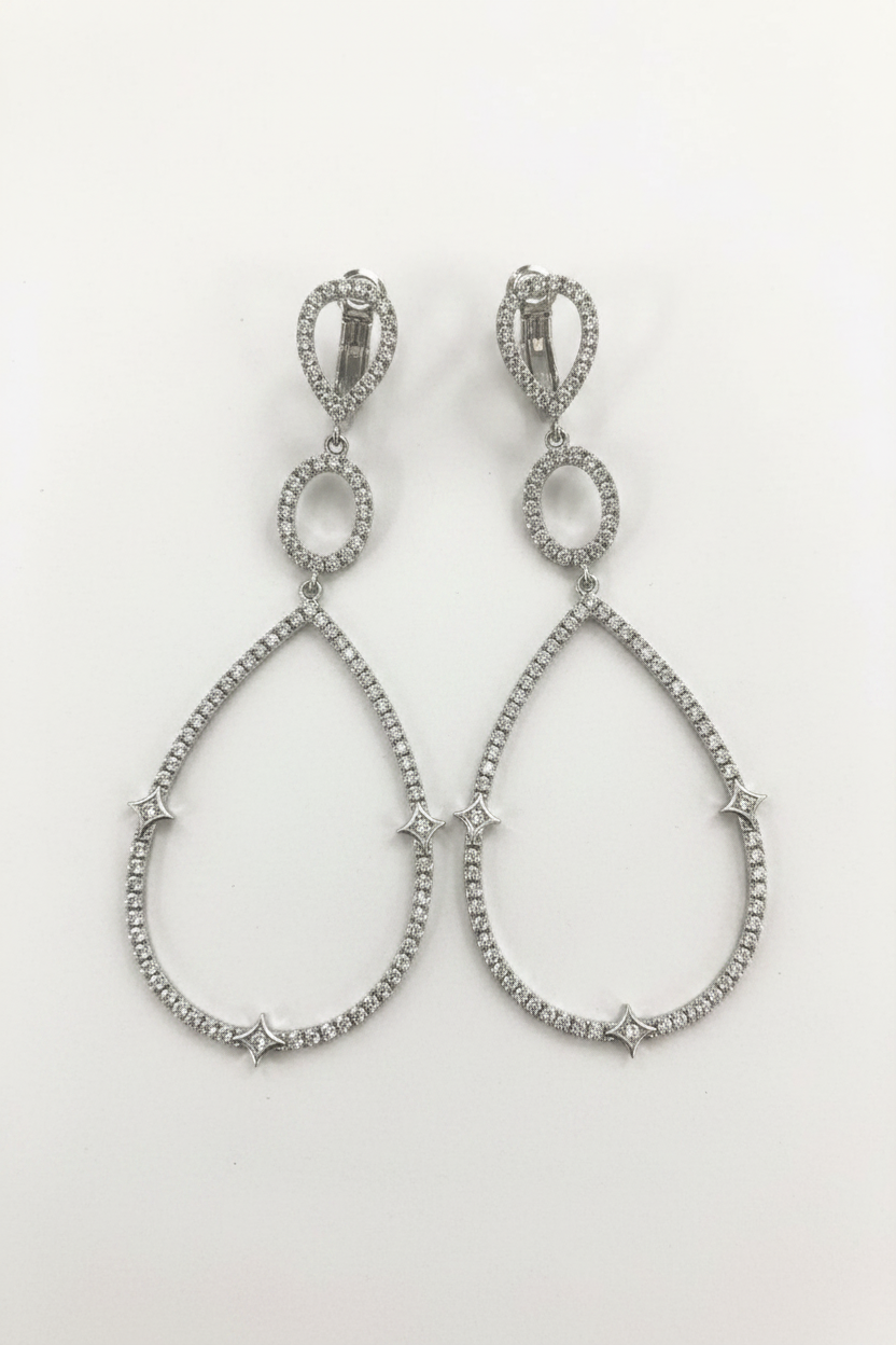 Silver platinum-tone open teardrop chandelier earrings with Zirconite cubic zirconia stones - Zirconmania